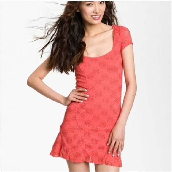 Free People Womens Daisy Godet Lace Mini Dress Red Coral Floral Boho | S | EUC - Picture 2 of 12
